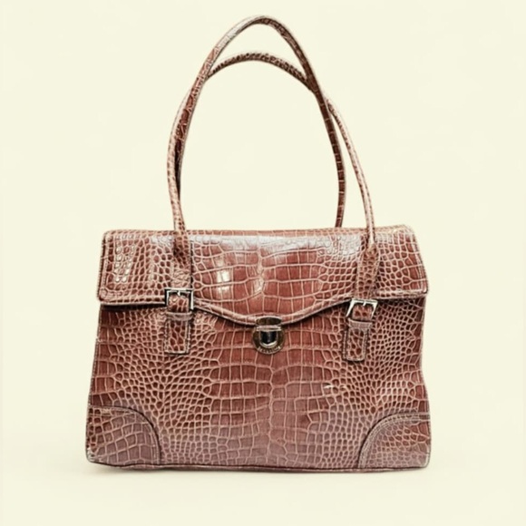 Liz Claiborne Handbags - Liz Claiborne Large Brown Croc Embossed Leather Laptop Satchel Purse Tote Bag